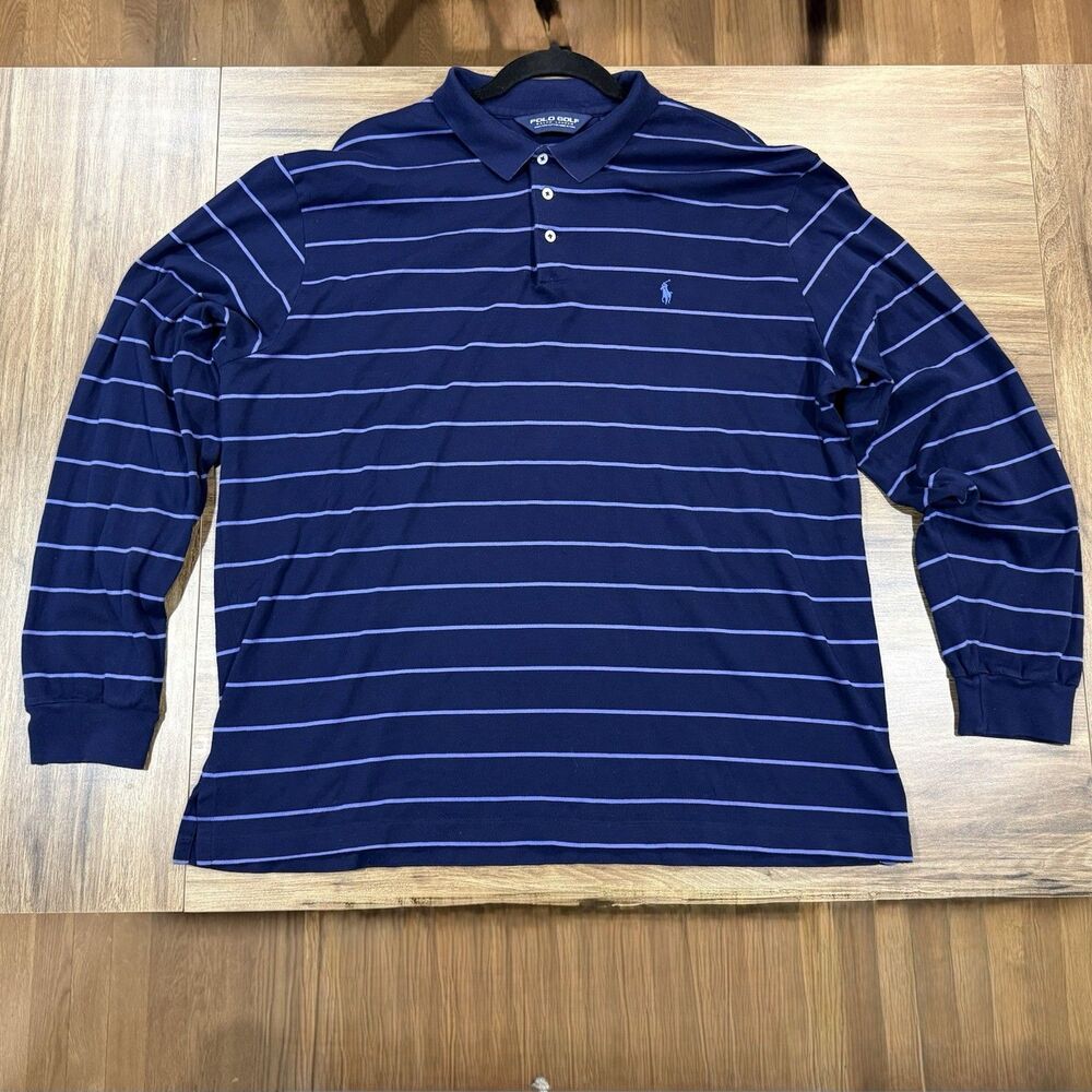 Ralph Lauren Polo Golf Pima Cotton Long Sleeve Blue Striped Men Shirt Size XXL